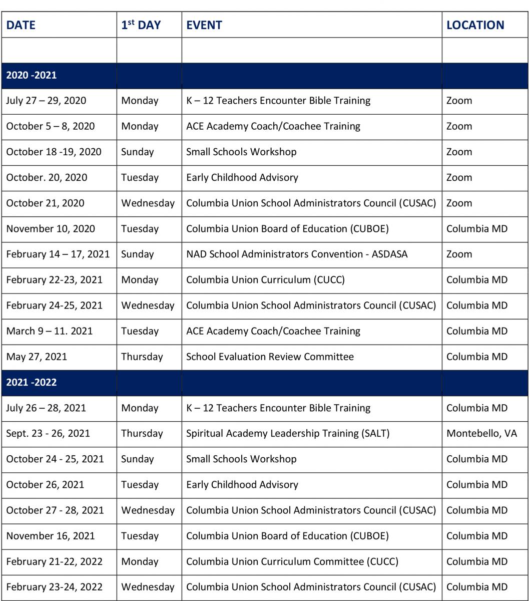 Office Of Education Calendar | Seventh-Day Adventist Church