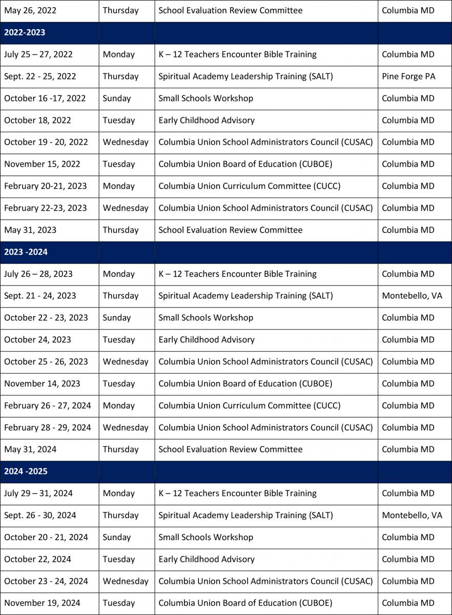 Office Of Education Calendar | Seventh-Day Adventist Church